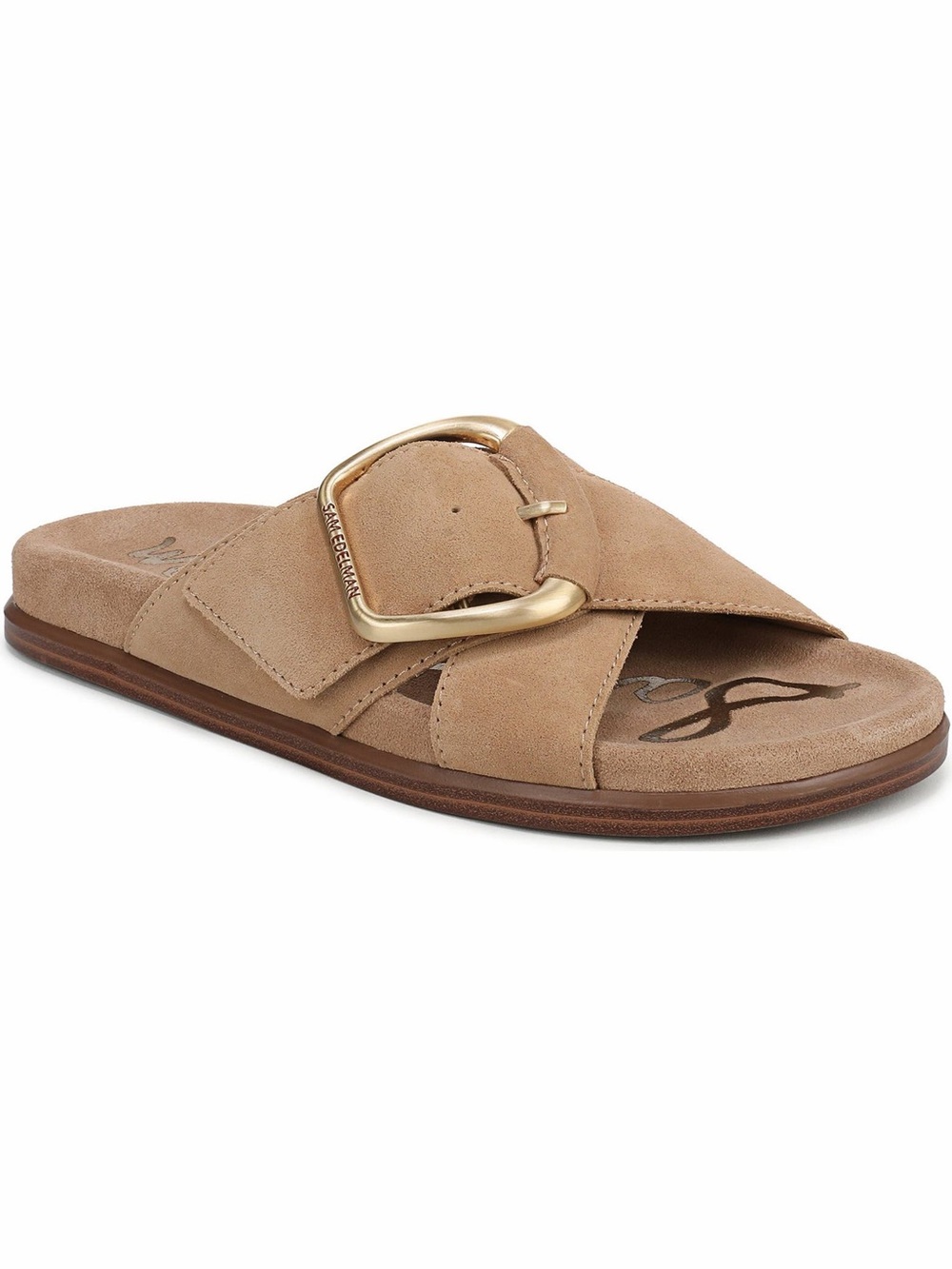 Sam Edelman Tan Suede Slide with Gold Buckle Accent
